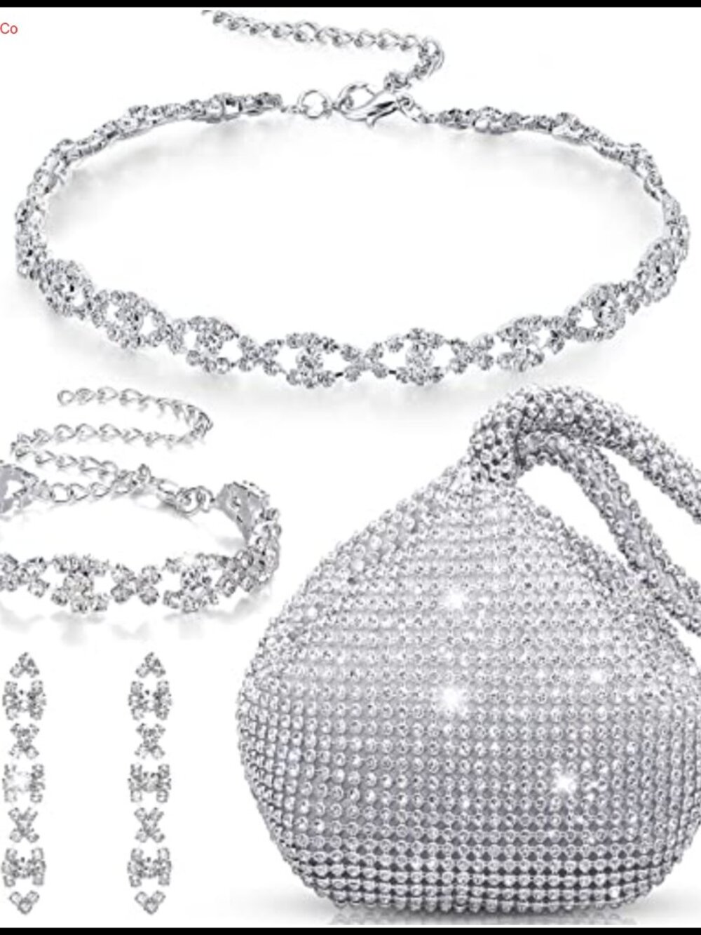 Rhinestone Necklace Bracelet Earring Clutch Purse Jewelry Set Wedding Party